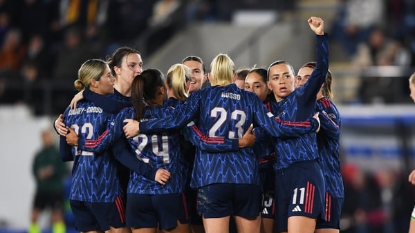 Katie McCabe of Arsenal celebrates teammate Beth Mead scoring her team's second goal during the UEFA Women's Champions League 2025/26 league phase match between Oud-Heverlee Leuven and Arsenal FC at Stadium Den Dreef on December 17, 2025 in Leuven, Belgiu