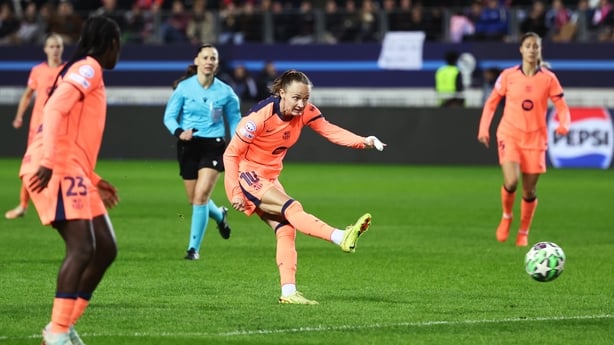 Caroline Graham Hansen of FC Barcelona scores her team's second goal during the UEFA Women's Champions League 2025/26 league phase match between Paris FC and FC Barcelona at Stade Jean Bouin on December 17, 2025 in Paris, France. (Photo by Catherine Steenkeste - UEFA/UEFA via Getty Images)