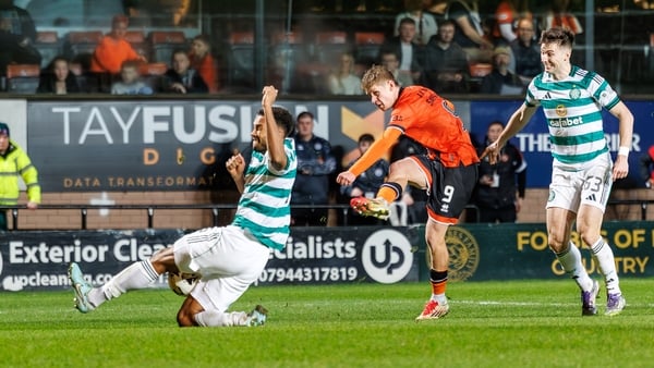 Zac Sapsford of Dundee United shoots at goal during the William Hill Premiership match between Dundee United and Celtic at Tannadice Park on December 17, 2025 in Dundee, United Kingdom. (Photo by WM Sport Media/Getty Images)