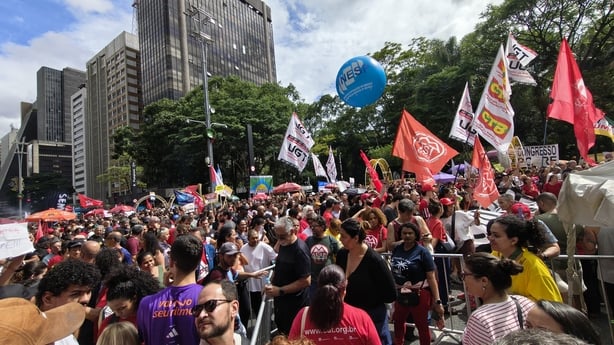 People gather during a demonstration to oppose the sentence-reduction bill, known as PL da Dosimetria, that could pave the way for former Brazilian President Jair Bolsonaro's amnesty, in Sao Paulo, Brazil, on December 14, 2025. The Brazilian Chamber of Deputies (the lower house of Congress) passes a