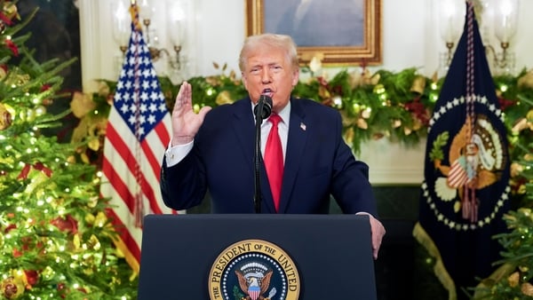 US President Donald Trump during a prime-time address to the nation in the Diplomatic Reception Room of the White House in Washington, DC, US, on Wednesday, Dec. 17, 2025. Trump will use the speech to detail “the historic accomplishments that he has garne