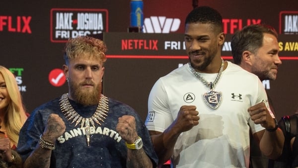 MIAMI, FLORIDA â" DECEMBER 17: Jake Paul and Anthony Joshua face off ahead of the heavyweight boxing bout between Jake Paul and Anthony Joshua, scheduled for Friday, December 19, at the Kaseya Center in Miami, Florida in December 17, 2025. The event marks