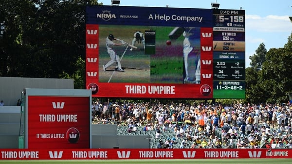 ADELAIDE, AUSTRALIA - DECEMBER 18: The big screeen shows the DRS review after an appeal for Jamie Smith of England's wicket is sent to the 3rd umpire during day two of the Third Test Match in the 2025-26 Ashes Series between Australia and England at Adela