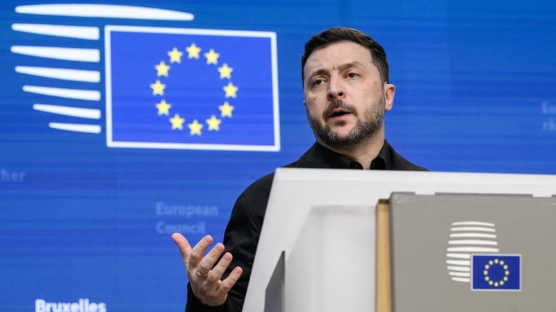 Ukraine's President Volodymyr Zelensky speaks during a press conference as part of the European Council meeting in Brussels