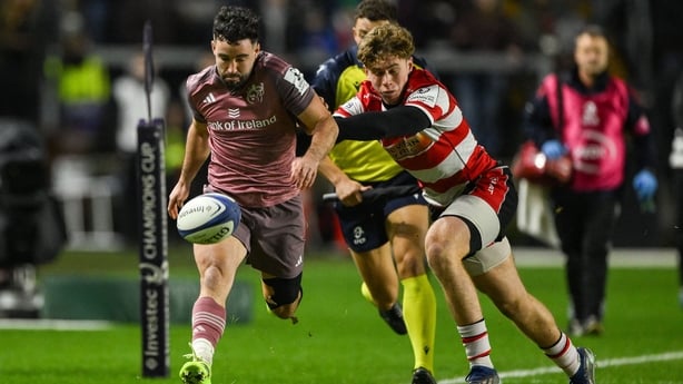 13 December 2025; Paddy Patterson of Munster in action against Rhys Price of Gloucester during the Investec Champions Cup match between Munster and Gloucester at SuperValu Páirc Ui Chaoimh in Cork. Photo by Brendan Moran/Sportsfile