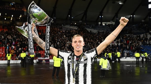 GLASGOW, SCOTLAND - DECEMBER 14: St Mirren's Killian Phillips celebrates with the Premier Sports Cup Trophy during a Premier Sports Cup Final match between St Mirren and Celtic at Barclays Hampden, on December 14, 2025, in Glasgow, Scotland. (Photo by Paul Devlin/SNS Group via Getty Images)