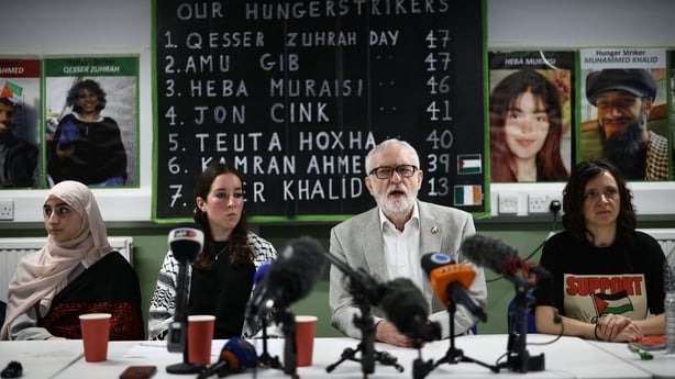 Jeremy Corbyn speaking at a press conference for families of hunger strikers alongside others
