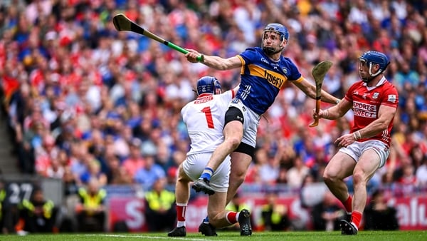 20 July 2025; John McGrath of Tipperary scores his side's third goal during the GAA Hurling All-Ireland Senior Championship final match between Cork and Tipperary at Croke Park in Dublin. Photo by Piaras Ó Mídheach/Sportsfile