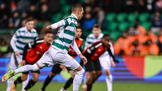 18 December 2025; Graham Burke of Shamrock Rovers scores his side's first goal, a penalty, during the UEFA Conference League 2025/26 league phase match between Shamrock Rovers and Hamrun Spartans at Tallaght Stadium in Dublin. Photo by Thomas Flinkow/Spor