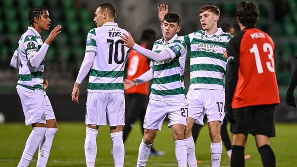Graham Burke is congratulated by Shamrock Rovers team-mates, from left, Victor Ozhianvuna, Cory O'Sullivan and Matt Healy, after scoring from the penalty spot