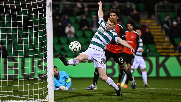 Rory Gaffney has a shot on goal against Spartans