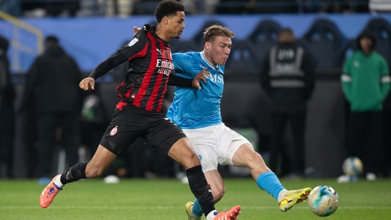 Napoli striker Rasmus Hojlund gets a shot away against AC Milan in the Supercoppa semi-final