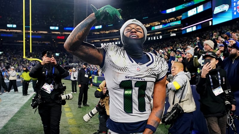Seattle's star wide receiver Jaxon Smith-Njigba celebrates after catching the game-winning touchdown to beat the Los Angeles Rams