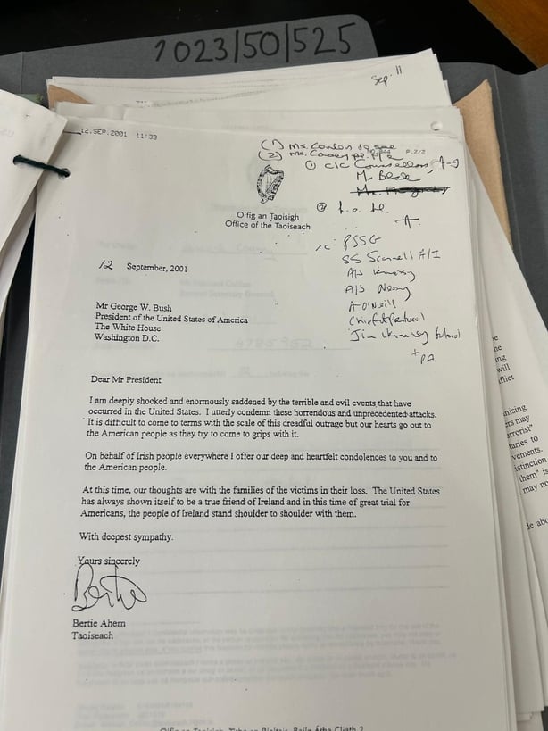 A letter from Bertie Ahern to George W Bush a day after 9/11 attacks