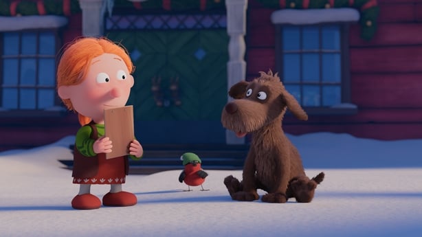 A cartoon with a little girl, a robin and a dog in the snow.