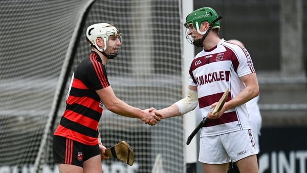 23 January 2022; Dessie Hutchinson of Ballygunner and Paul McNeil of Slaughtneil shake hands after the AIB GAA Hurling All-Ireland Senior Club Championship Semi-Final match between Ballygunner, Waterford, and Slaughtneil, Derry, at Parnell Park in Dublin.