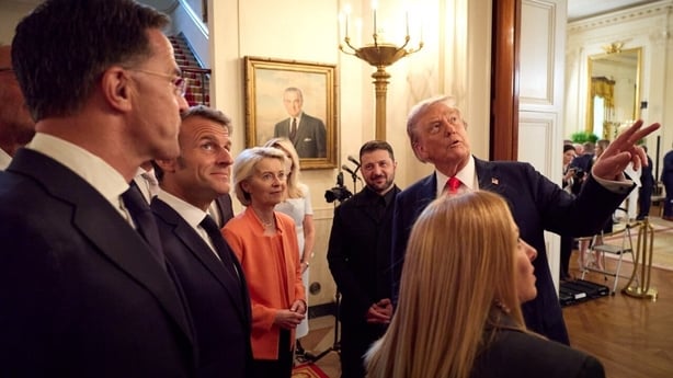 WASHINGTON D.C., UNITED STATES - AUGUST 18: (----EDITORIAL USE ONLY - MANDATORY CREDIT - 'UKRAINIAN PRESIDENCY / HANDOUT' - NO MARKETING NO ADVERTISING CAMPAIGNS - DISTRIBUTED AS A SERVICE TO CLIENTS----) U.S. President Donald Trump, Ukrainian President Volodymyr Zelenskyy and European leaders, incl