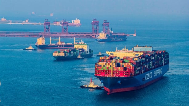 Container ships enter and exit the Qianwan Container Terminal with orderly loading and unloading of containers at Qingdao Port in Qingdao, Shandong Province, China, on December 17, 2025. (Photo by Costfoto/NurPhoto via Getty Images)