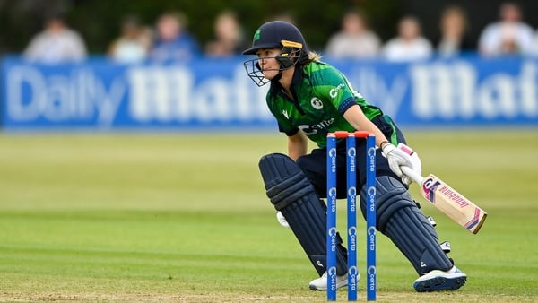 Ireland batter Gaby Lewis during match three of the Women's T20 International Series between Ireland and Pakistan at Castle Avenue Cricket Ground in Dublin