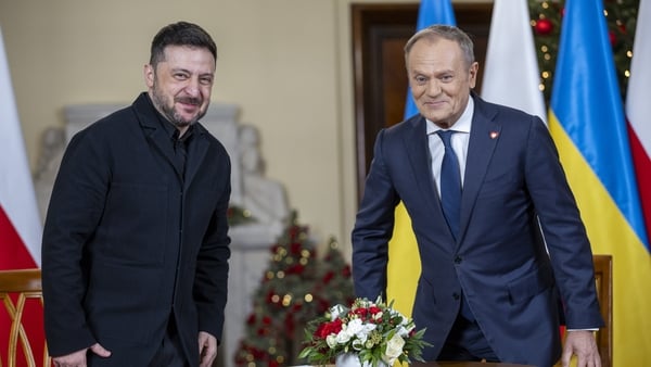 President of Ukraine, Volodymyr Zelensky speaks with Polish Prime Minister, Donald Tusk