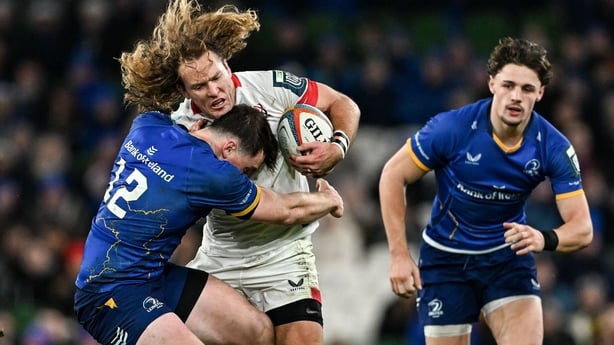 19 December 2025; Werner Kok of Ulster in action against Charlie Tector of Leinster during the United Rugby Championship match between Leinster and Ulster at the Aviva Stadium in Dublin. Photo by Ramsey Cardy/Sportsfile