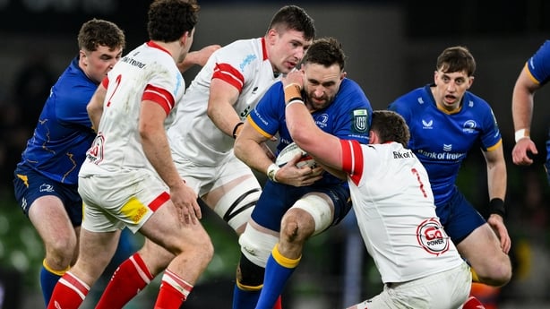 19 December 2025; Jack Conan of Leinster is tackled by Angus Bell of Ulster during the United Rugby Championship match between Leinster and Ulster at the Aviva Stadium in Dublin. Photo by Brendan Moran/Sportsfile