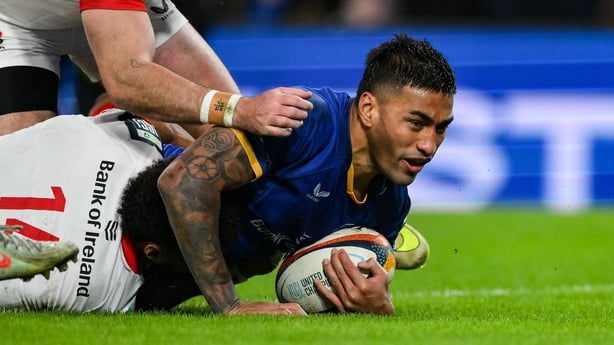 19 December 2025; Rieko Ioane of Leinster dives over to score his side's first try during the United Rugby Championship match between Leinster and Ulster at the Aviva Stadium in Dublin. Photo by Brendan Moran/Sportsfile