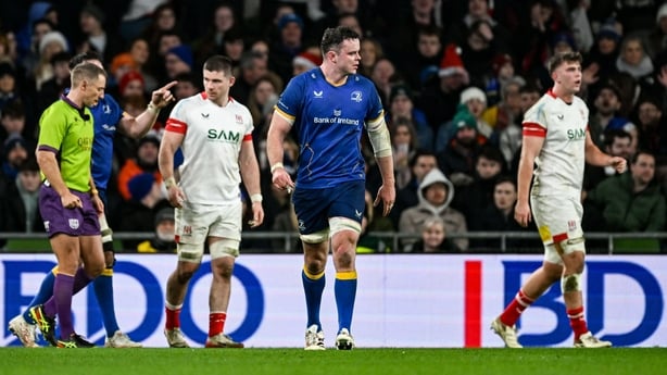 19 December 2025; James Ryan of Leinster leaves the pitch after being shown a yellow card during the United Rugby Championship match between Leinster and Ulster at the Aviva Stadium in Dublin. Photo by Ramsey Cardy/Sportsfile