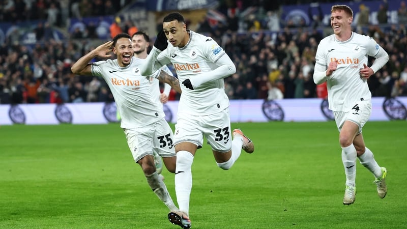 Adam Idah (C) wheels away in celebration after his late goal