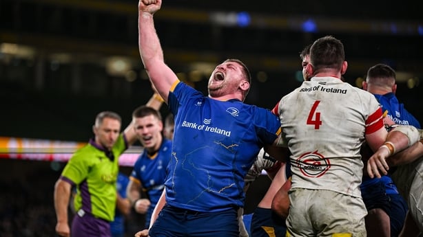 19 December 2025; Tadhg Furlong of Leinster celebrates after his side score a fourth try during the United Rugby Championship match between Leinster and Ulster at the Aviva Stadium in Dublin. Photo by Brendan Moran/Sportsfile
