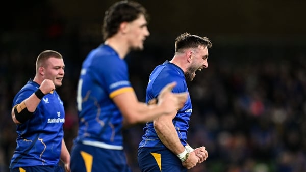 19 December 2025; Jack Conan, right, and Jack Boyle of Leinster celebrate winning a penalty during the United Rugby Championship match between Leinster and Ulster at the Aviva Stadium in Dublin. Photo by Ramsey Cardy/Sportsfile