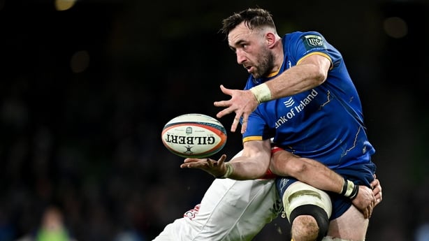 19 December 2025; Jack Conan of Leinster is tackled by Werner Kok of Ulster during the United Rugby Championship match between Leinster and Ulster at the Aviva Stadium in Dublin. Photo by Seb Daly/Sportsfile