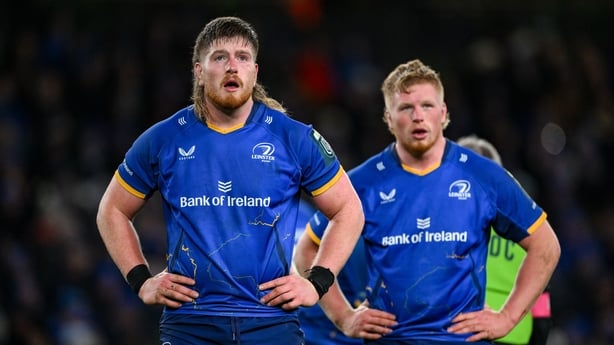 19 December 2025; Joe McCarthy, left, and his team-mate and brother Paddy McCarthy during the United Rugby Championship match between Leinster and Ulster at the Aviva Stadium in Dublin. Photo by Brendan Moran/Sportsfile