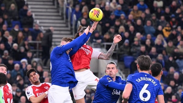 Jake O'Brien of Everton handball during the Premier League match between Everton and Arsenal at Hill Dickinson Stadium on December 20, 2025 in Liverpool, England.