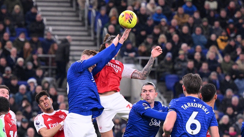 Jake O'Brien of Everton handball during the Premier League match between Everton and Arsenal at Hill Dickinson Stadium on December 20, 2025 in Liverpool, England.