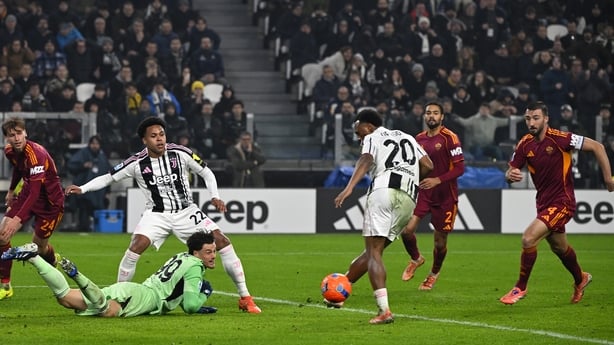 Lois Openda of Juventus kicks the ball, which will then score the second goal during the Serie A match between Juventus FC and AS Roma at Juventus Stadium on December 20, 2025 in Turin