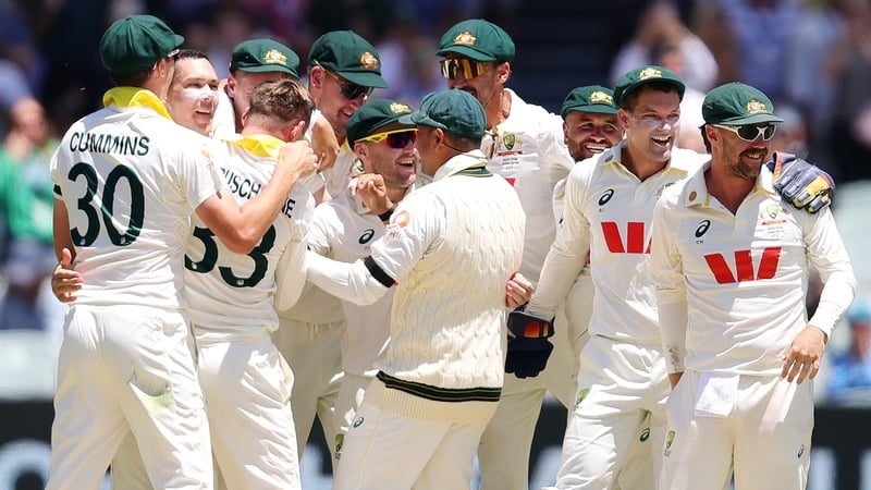 Australia players celebrate a comprehensive Ashes victory