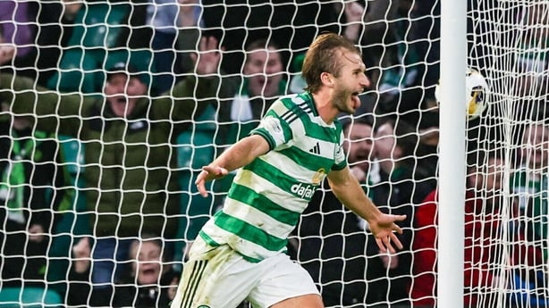 GLASGOW, SCOTLAND - DECEMBER 21: Celtic's Benjamin Nygren celebrates after scoring to make it 1-0 during a William Hill Premiership match between Celtic and Aberdeen at Celtic Park, on December 21, 2025, in Glasgow, Scotland. (Photo by Craig Williamson/SNS Group via Getty Images)