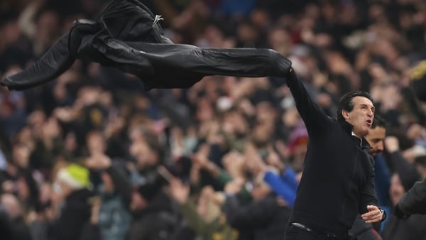 Unai Emery manger / head coach of Aston Villa throws his coat in the air after Morgan Rogers of Aston Villa scores a goal to make it 2-1 during the Premier League match between Aston Villa and Manchester United at Villa Park on December 21, 2025 in Birmin