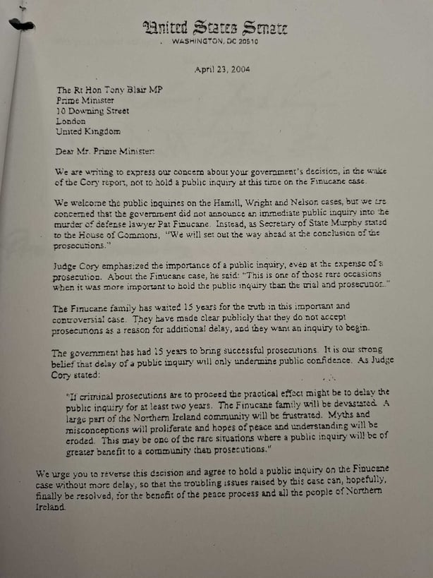 A letter from US senators to Tony Blair about the Pat Finucane case