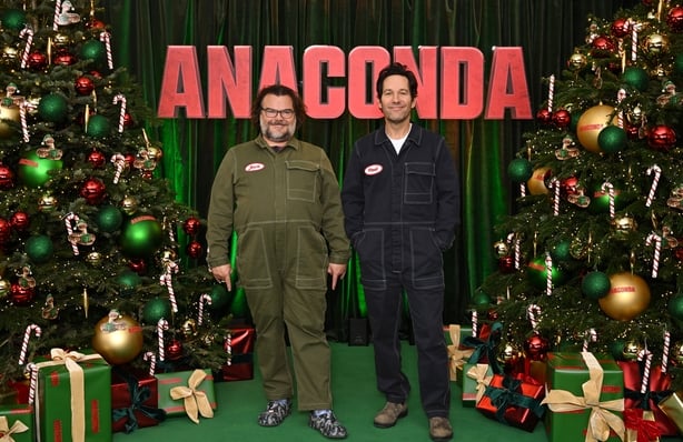 LONDON, ENGLAND - DECEMBER 19: Jack Black and Paul Rudd attend the Photocall for Columbia Pictures' "Anaconda" at Claridge's on December 19, 2025 in London, England. (Photo by Jeff Spicer/Getty Images for Sony)