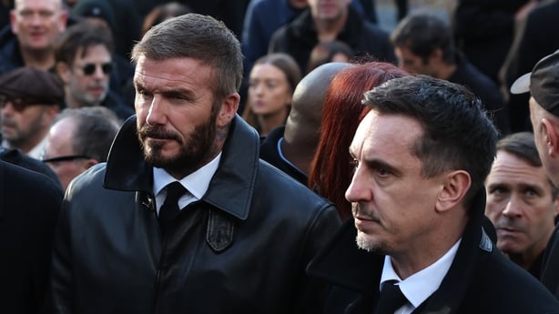 David Beckham and Gary Neville attend the funeral of The Stone Roses' Gary Mounfield, also known as Mani, at Manchester Cathedral on 22 December, 2025