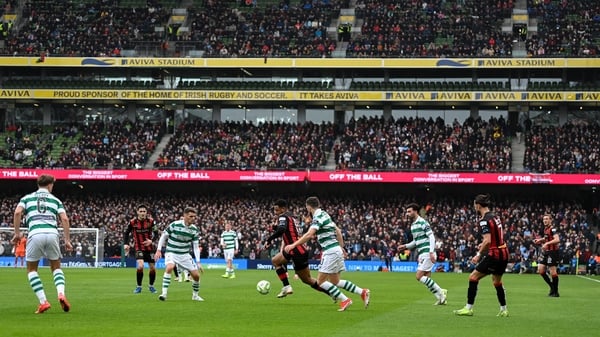 16 February 2025; Lys Mousset of Bohemians in action against Adam Matthews of Shamrock Rovers during the SSE Airtricity Men's Premier Division match between Bohemians and Shamrock Rovers at the Aviva Stadium in Dublin. Photo by Stephen McCarthy/Sportsfile