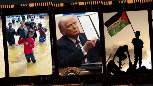 Collage image shows floods in Sri Lanka, US President Donald Trump and children in Gaza holding a Palestinian flag
