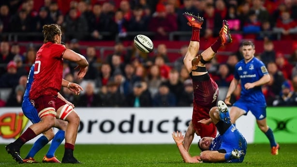 29 December 2018; Andrew Conway of Munster is tackled by James Lowe of Leinster, for which James Lowe was shown a red card, during the Guinness PRO14 Round 12 match between Munster and Leinster at Thomond Park in Limerick. Photo by Ramsey Cardy/Sportsfile