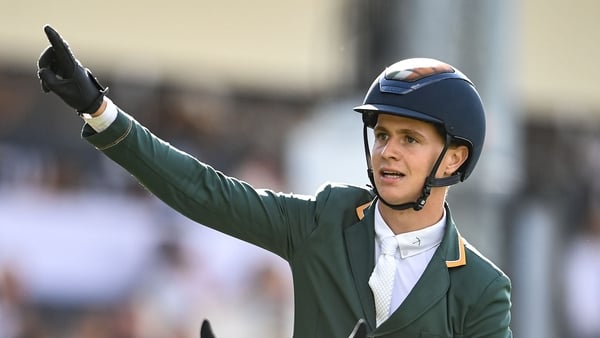 8 August 2025; Tom Wachman of Ireland, competing on Tabasco de Toxandria Z, on the second run during Aga Khan Day at the Dublin Horse Show at the RDS Arena in Dublin. Photo by David Fitzgerald/Sportsfile