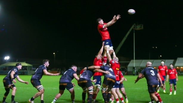 Jack O'Donoghue of Munster wins possession in a lineout v Ospreys, URC, December 2025