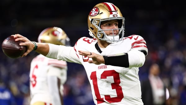 Brock Purdy #13 of the San Francisco 49ers warms up prior to the game against the Indianapolis Colts at Lucas Oil Stadium on December 22, 2025 in Indianapolis, Indiana.