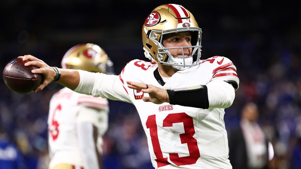 Brock Purdy #13 of the San Francisco 49ers warms up prior to the game against the Indianapolis Colts at Lucas Oil Stadium on December 22, 2025 in Indianapolis, Indiana. 