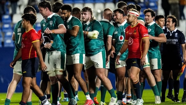 8 November 2025; Players from both side's shake hands after the representative fixture rugby union match between Spain and Ireland A at Estadio Municipal de Butarque in Leganés, Spain. Photo by Alberto Gardin/Sportsfile
